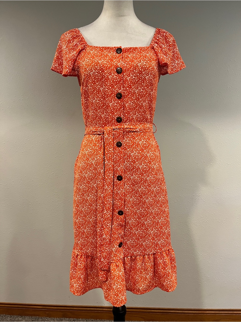 Monteau Orange Floral Button-Front Square Neck short sleeves midi Dress size XS